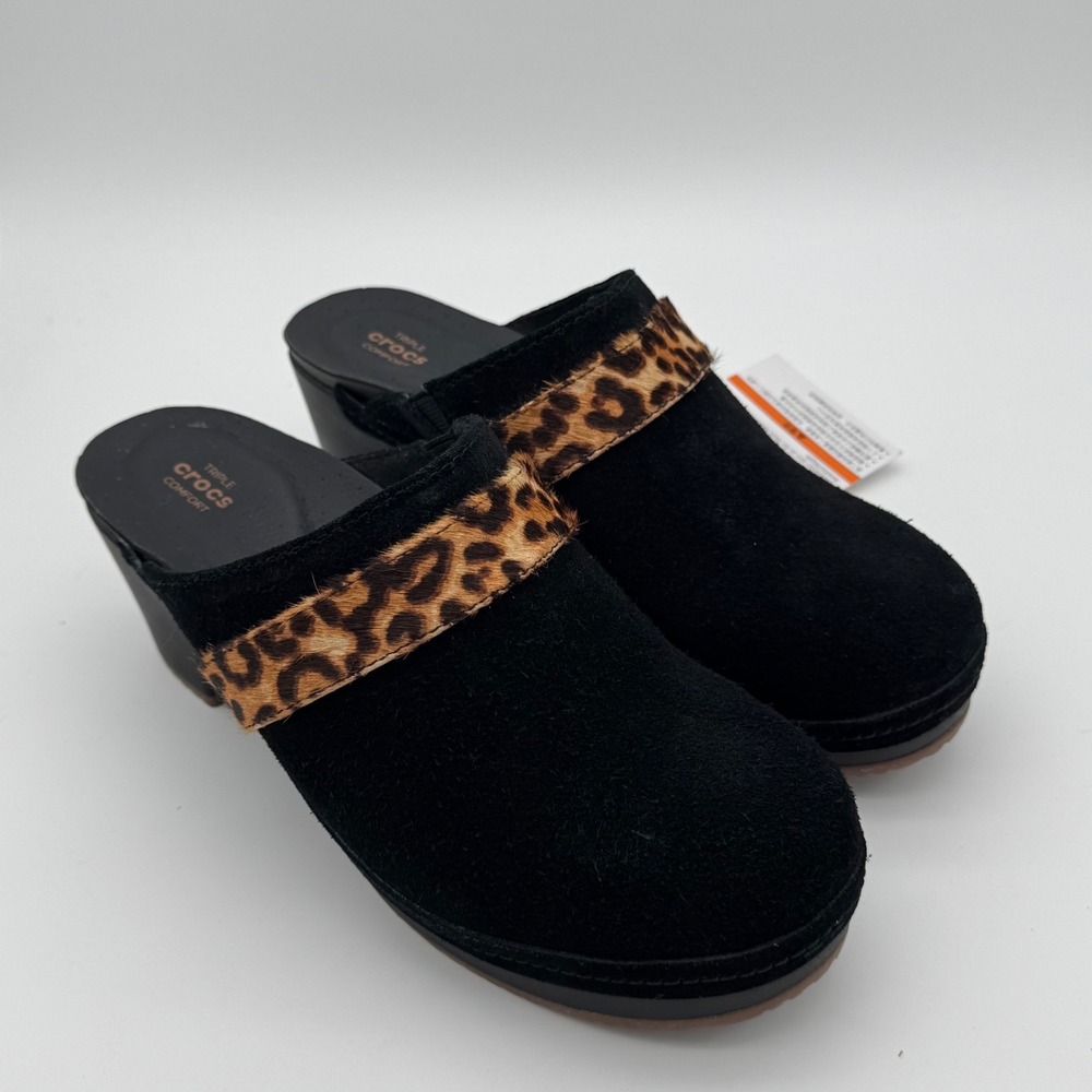Crocs Triple Comfort Black Suede Leopard Calf Hair Heel Mules